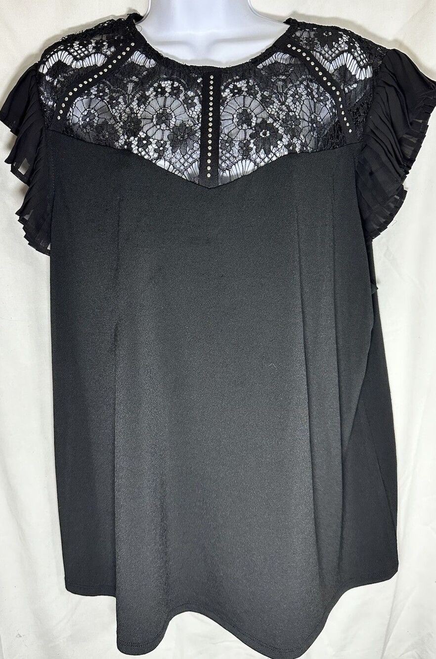 Belldini Black Lace & Rhinestone Flutter Sleeve Top - Size 2X